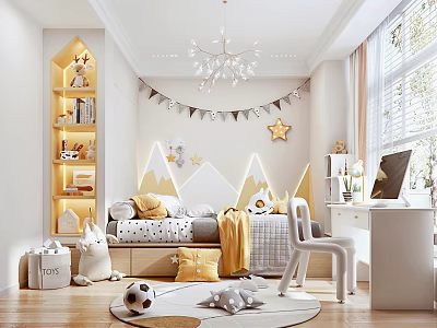 Cozy Kids Tatami Bedroom With Star Banners Mountain Decor Bookshelf And Study Desk 3d model