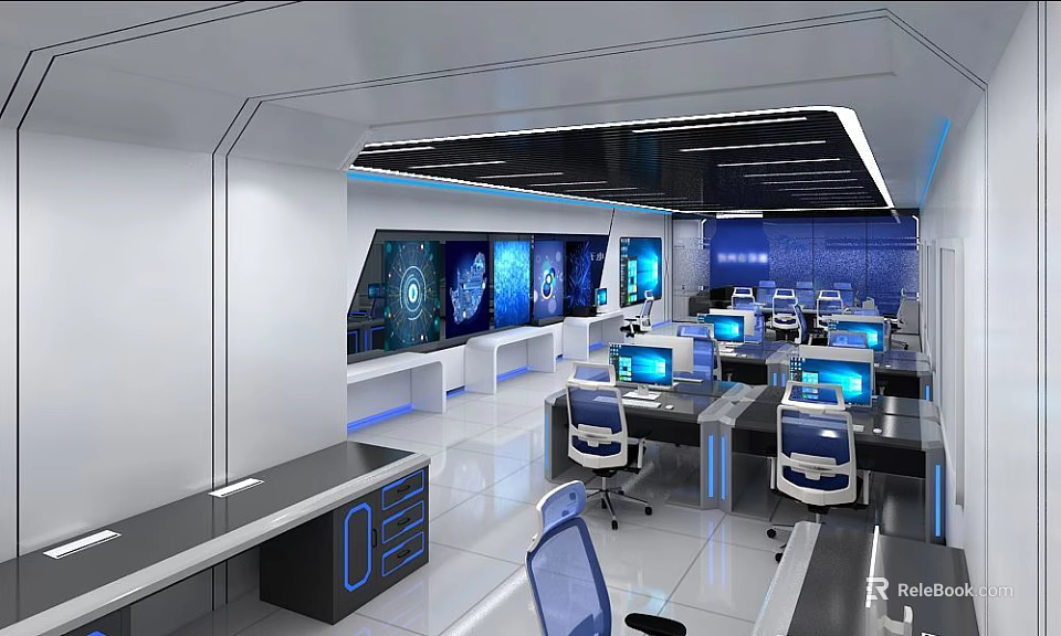 Modern Monitoring Room with Multiple Computer Screens Workstations and Blue Lighting 3d model 