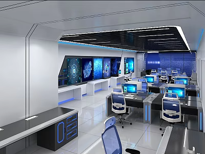 Modern Monitoring Room with Multiple Computer Screens Workstations and Blue Lighting 3d model