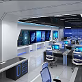 Modern Monitoring Room with Multiple Computer Screens Workstations and Blue Lighting