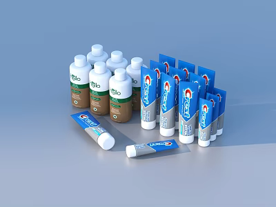 Daily Cleaning Products Featuring Crest Toothpaste Tubes And Plastic Bottles 3d model