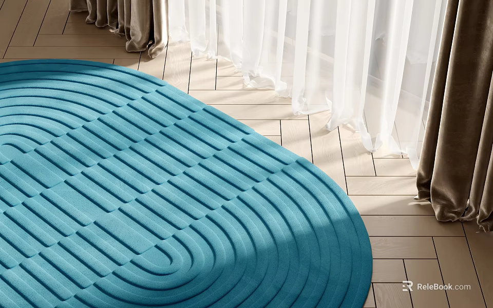 Blue Wavy Striped Rug For Modern Interior Decor With Sunlight Curtains On Wooden Floor 3d model 
