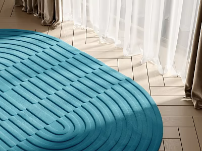 Blue Wavy Striped Rug For Modern Interior Decor With Sunlight Curtains On Wooden Floor 3d model