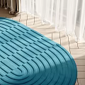 Blue Wavy Striped Rug For Modern Interior Decor With Sunlight Curtains On Wooden Floor