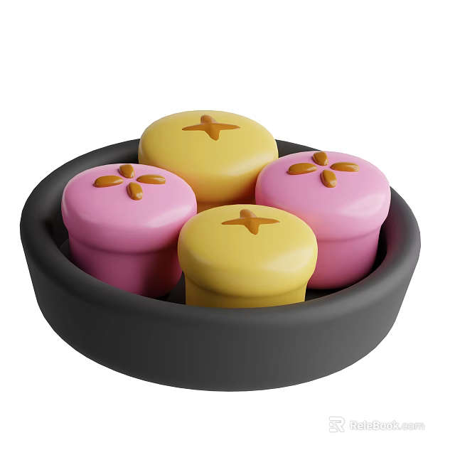 Yellow And Pink Decorated Pastries In Black Bowl With Cross And Flower Patterns 3d model 