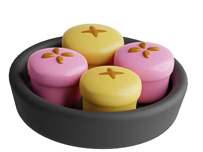 Yellow And Pink Decorated Pastries In Black Bowl With Cross And Flower Patterns 3d model