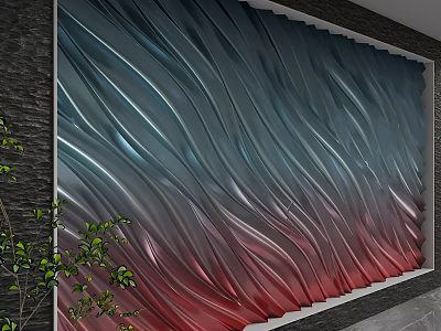 Decorative Wavy Texture Background Wall With Blue Red Gradient And Green Plants 3d model