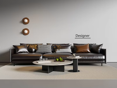 Elegant Modern Leather Three Seater Sofa With Mixed Color Pillows Coffee Table And Round Wall Decor 3d model