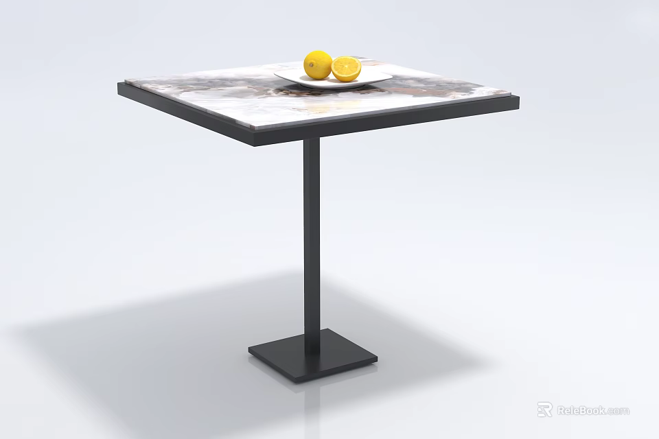 Modern Marble Top Coffee Table With Black Metal Base Featuring Two Lemons On White Plate 3d model 