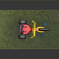 Kids Tricycle with Yellow Handlebars Red Body Blue Seat Black Wheels on Green Grass