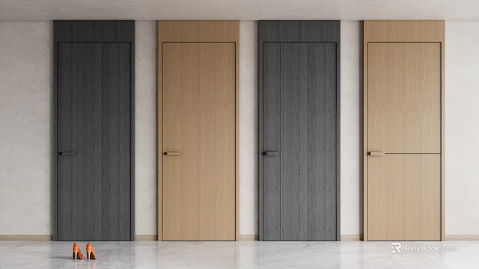 Modern Wooden Hinged Doors In Various Tones With Sleek Design And Metal Handles 3d model 