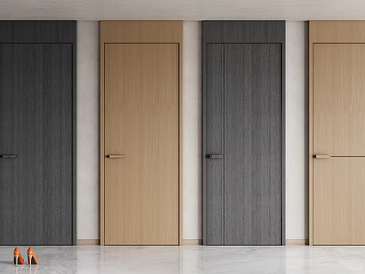 Modern Wooden Hinged Doors In Various Tones With Sleek Design And Metal Handles 3d model