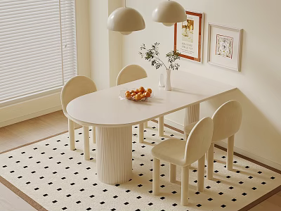 White Oval Desk With Chairs Fruit Vase Framed Pictures And Pendant Lights On Patterned Rug 3d model