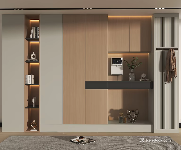 Modern Wooden and Light Gray Shoe Cabinet with LED Lighting and Coat Hanging Area 3d model 