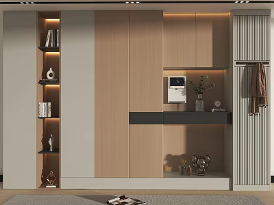 Modern Wooden and Light Gray Shoe Cabinet with LED Lighting and Coat Hanging Area 3d model