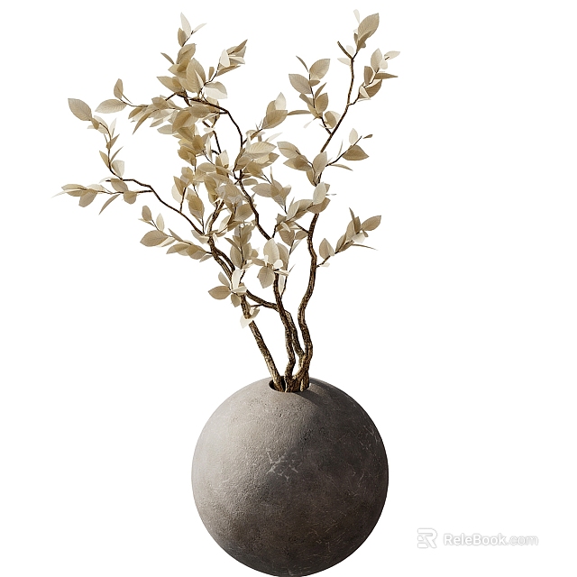 Round Gray Vase With Light Colored Leafy Branches As Decorative Flowers 3d model 