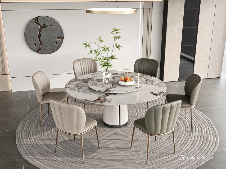 Modern Round Marble Dining Table Set With Six Chairs And Ceiling Chandelier 3d model