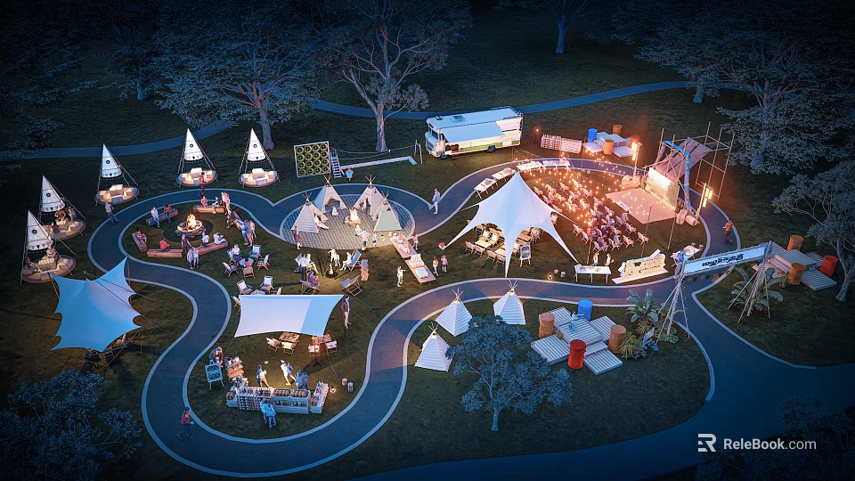 Aerial View of Illuminated Campsite With Multiple Tents RVs And Outdoor Gathering Areas 3d model 