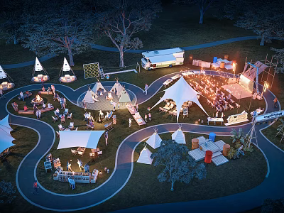 Aerial View of Illuminated Campsite With Multiple Tents RVs And Outdoor Gathering Areas 3d model