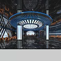 Modern Luxury KTV Interior With Blue Lighting Round Ceiling Marble Floor And Bar Counter