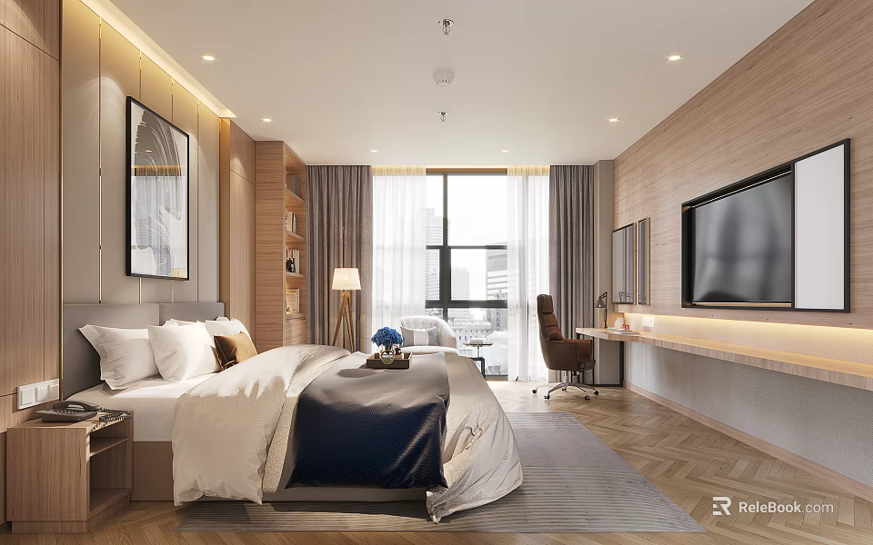 Modern Hotel Room Interior With Comfortable Bed Desk TV Wooden Walls And Curtains 3d model 