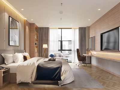 Modern Hotel Room Interior With Comfortable Bed Desk TV Wooden Walls And Curtains 3d model