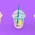 Colorful Iced Drinks with Fresh Fruit Slices in Transparent Cups with Straws and Lids