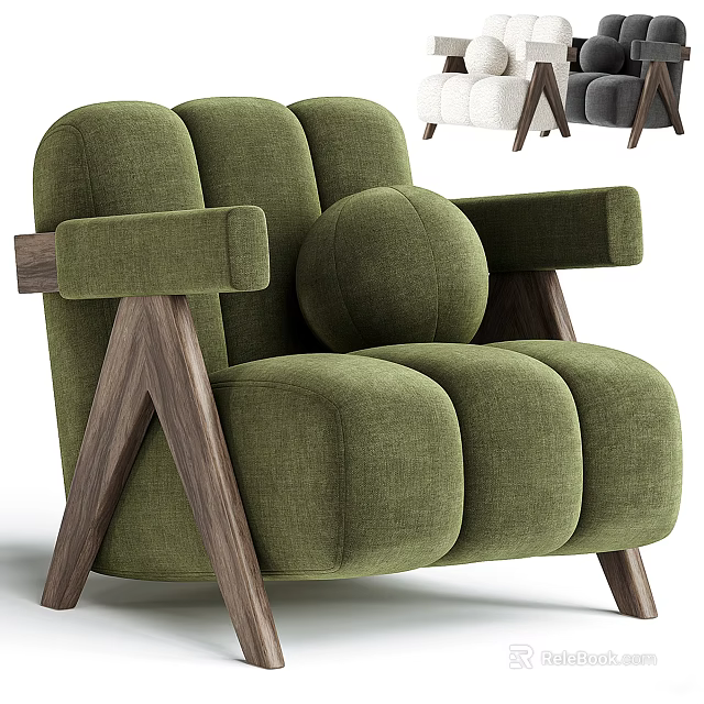 Green Fabric Leisure Chair With Wooden Armrests And Plush Cushion Design 3d model 