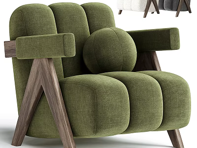 Green Fabric Leisure Chair With Wooden Armrests And Plush Cushion Design 3d model