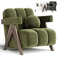 Green Fabric Leisure Chair With Wooden Armrests And Plush Cushion Design