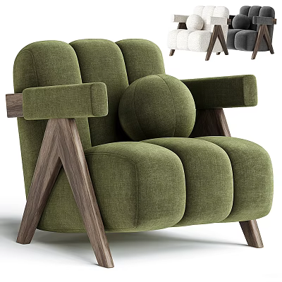 Green Fabric Leisure Chair With Wooden Armrests And Plush Cushion Design 3d model