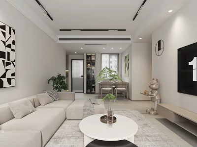 Modern Living and Dining Room With Beige Sofa White Coffee Table Green Plants TV Wall 3d model