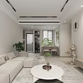 Modern Living and Dining Room With Beige Sofa White Coffee Table Green Plants TV Wall