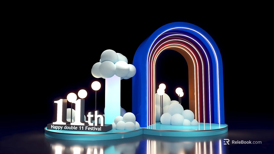11th 11.11 Festival Event Entrance With Blue Neon Arch Cloud Decorations And Lights 3d model 