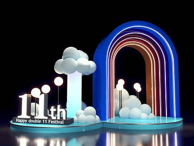 11th 11.11 Festival Event Entrance With Blue Neon Arch Cloud Decorations And Lights 3d model