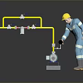 Industrial Pipeline Equipment With Yellow Pipes Blue Pump Valves Pressure Gauge And Worker Operation