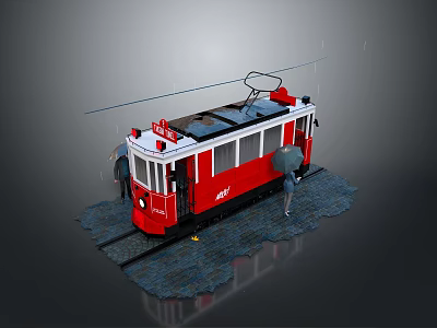 Red Tram With 101 Sign On Tracks Under Overhead Wires And Person With Umbrella 3d model Red Tram With 101 Sign On Tracks Under Overhead Wires And Person With Umbrella 3d model