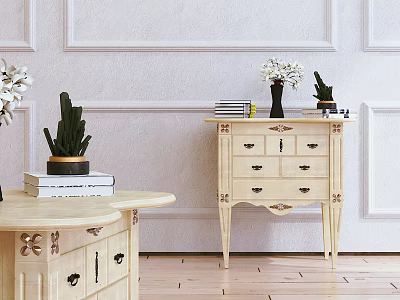 Classic Light Wood Bedside Table With Drawers Vase White Flowers And Books 3d model