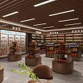 Supermarket Snack Area Interior Layout With Display Shelves Various Snacks Checkout Counter And Tables Chairs