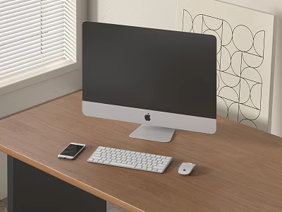 Apple iMac Desktop on Wooden Desk with Keyboard Mouse Smartphone Window Blinds and Geometric Art 3d model