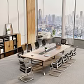 Modern Conference Room With Large Windows City View Long Table Chairs Wooden Cabinet And Carpet