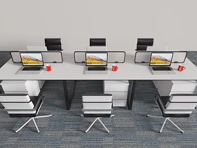 Modern Office Desk With Multiple Laptops And Red Mugs Surrounded By Ergonomic Chairs And Drawers 3d model