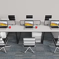 Modern Office Desk With Multiple Laptops And Red Mugs Surrounded By Ergonomic Chairs And Drawers