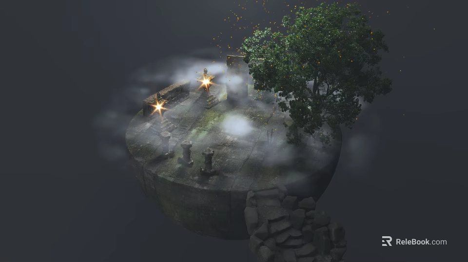 Ancient Architecture Ruins Scene With Stone Steles Ancient Tree Mist And Stone Steps 3d model 