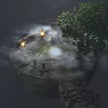 Ancient Architecture Ruins Scene With Stone Steles Ancient Tree Mist And Stone Steps