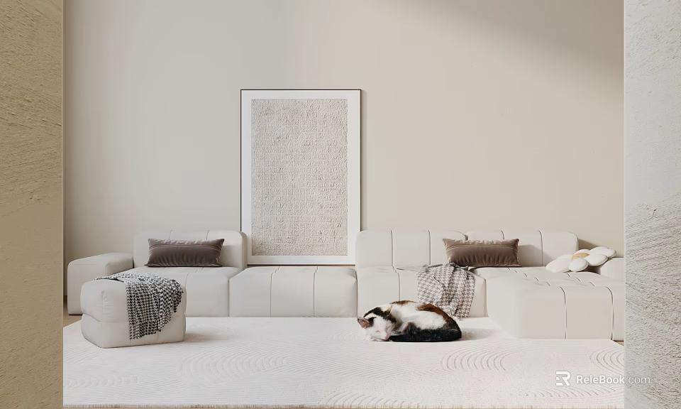 White Sectional Sofa Set With Neutral Pillows Textured Wall Art And Cat On Light Area Rug 3d model 