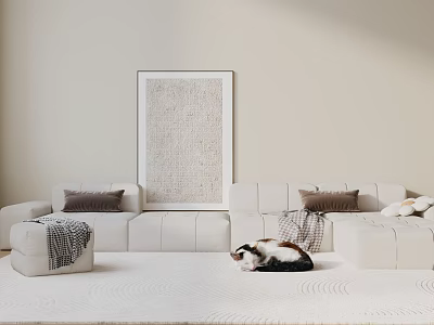 White Sectional Sofa Set With Neutral Pillows Textured Wall Art And Cat On Light Area Rug 3d model