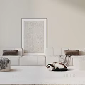 White Sectional Sofa Set With Neutral Pillows Textured Wall Art And Cat On Light Area Rug