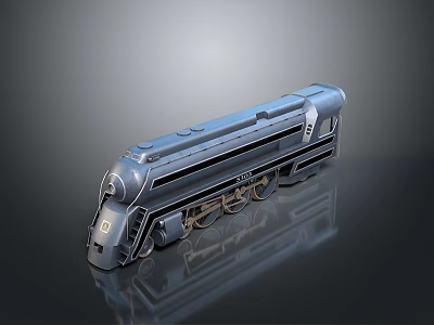 Vintage Steam Locomotive With Streamlined Metallic Shiny Surface On Gray Background 3d model