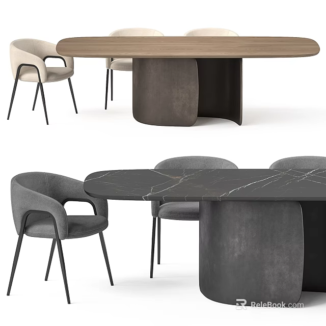 Stylish Table and Chair Combination Featuring Wooden Marble Tops Beige Grey Chairs Dark Legs 3d model 